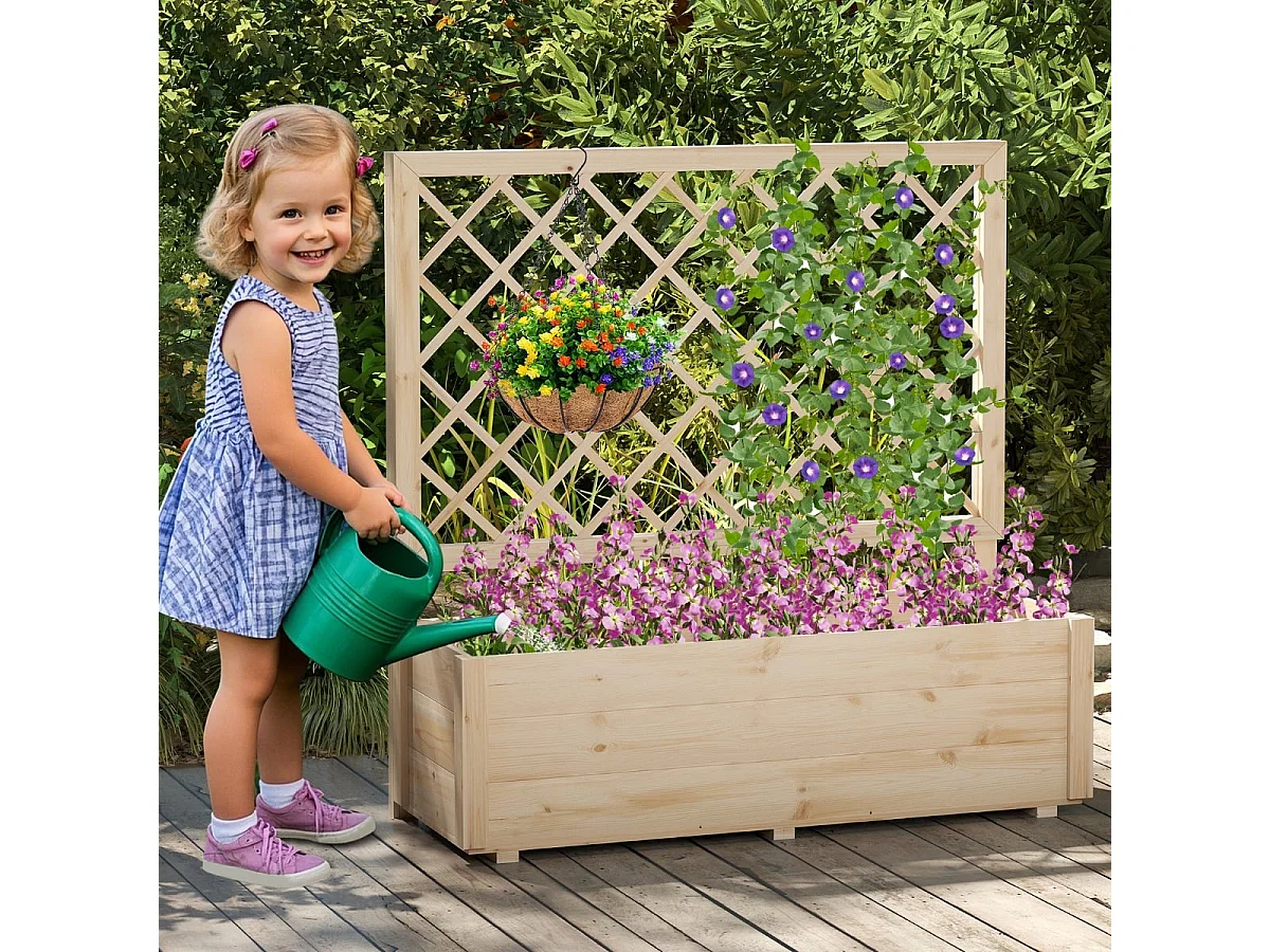 Jardinière Surélevée avec Treillis en Bois de Sapin avec Trou de Drainage Bac à Fleurs pour Plante Grimpante Vigne Lit de Jardin Naturel
