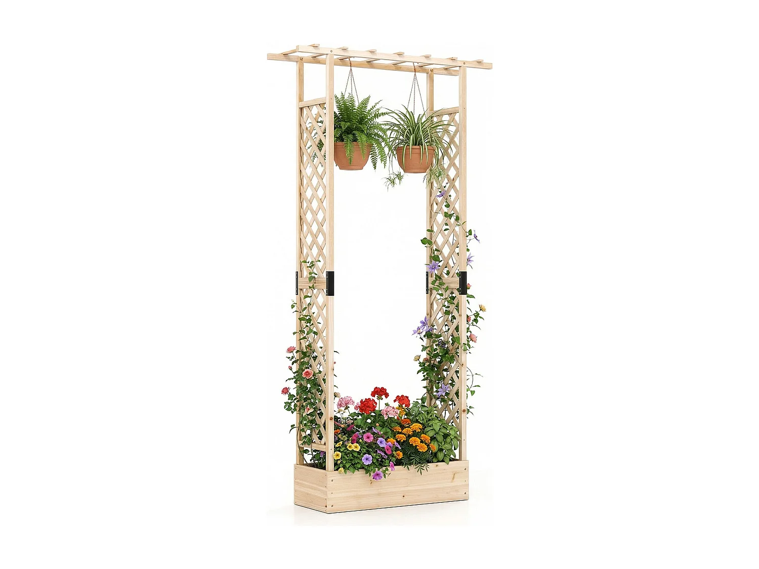Jardinière avec 2 Treillis Latéraux Toit Suspendu en Bois d'Épicéa avec Trou de Drainage Lit de Jardin Surélevé 110 x 35 x 227 cm Naturel