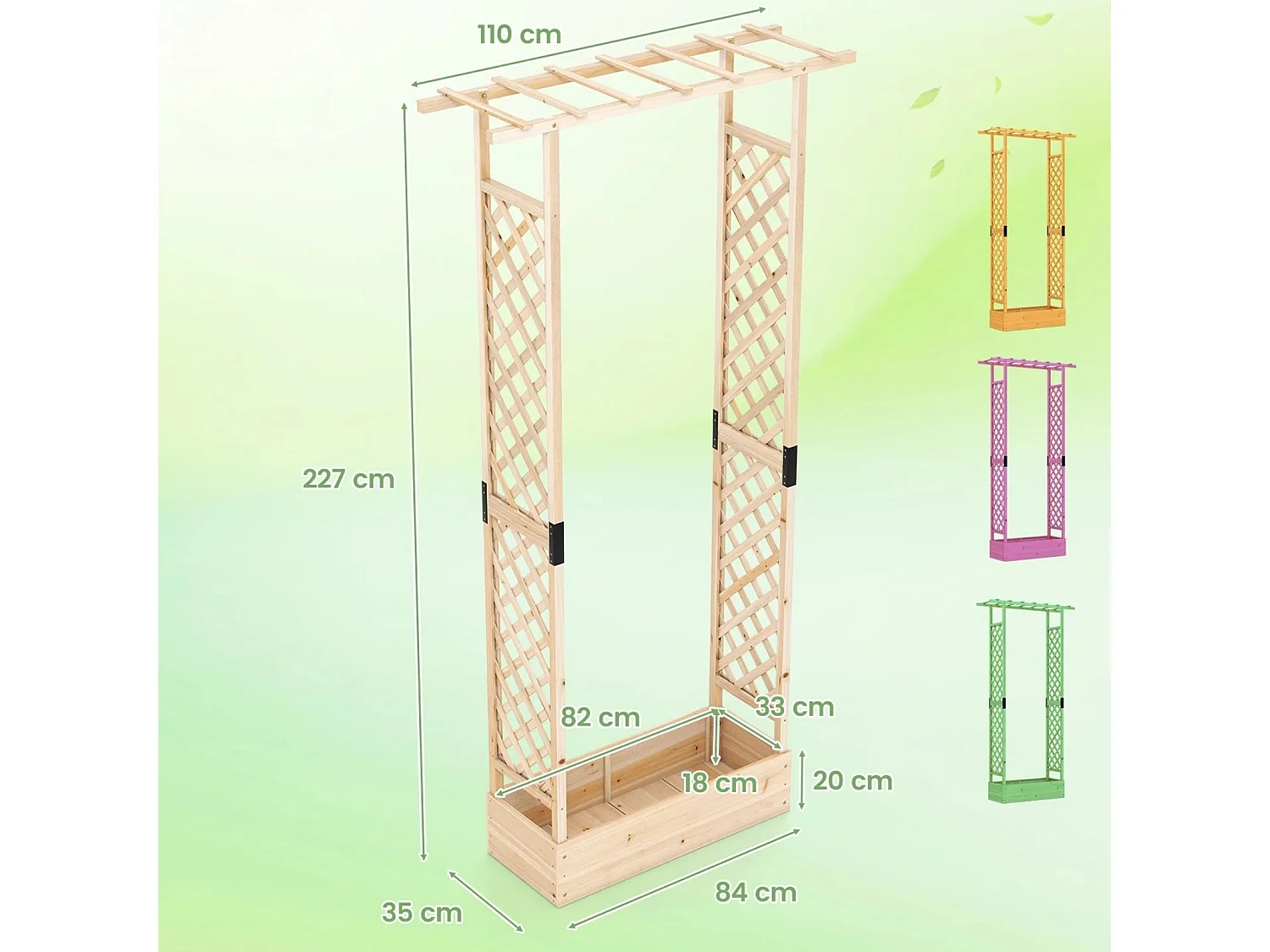 Jardinière avec 2 Treillis Latéraux Toit Suspendu en Bois d'Épicéa avec Trou de Drainage Lit de Jardin Surélevé 110 x 35 x 227 cm Naturel