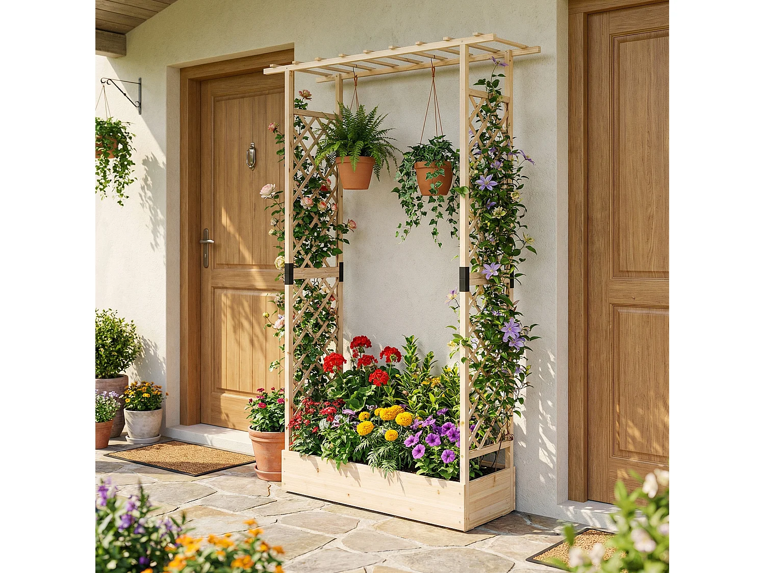 Jardinière avec 2 Treillis Latéraux Toit Suspendu en Bois d'Épicéa avec Trou de Drainage Lit de Jardin Surélevé 110 x 35 x 227 cm Naturel