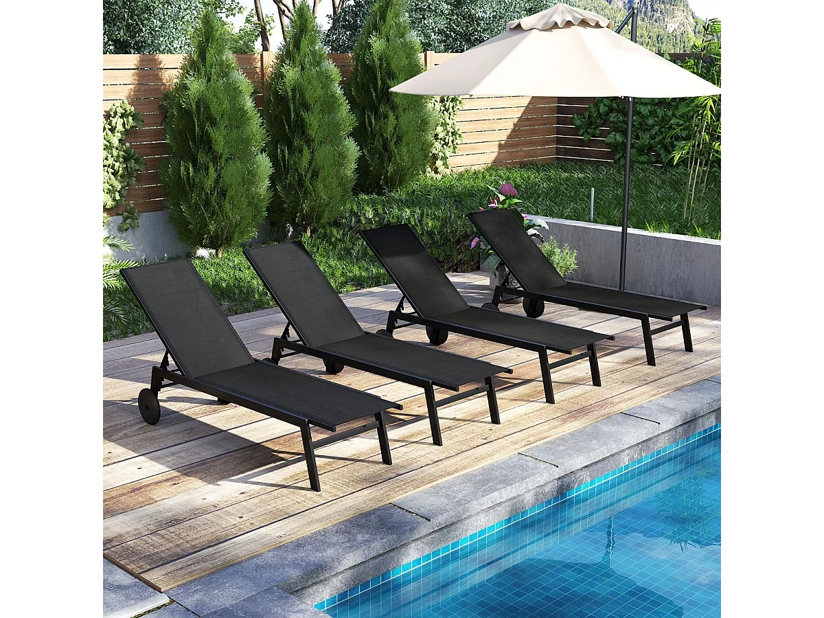Sonnenliege mit Rollen Gartenliege mit Verstellbarer Rückenlehne & Schnelltrocknendem Stoff Schwarz