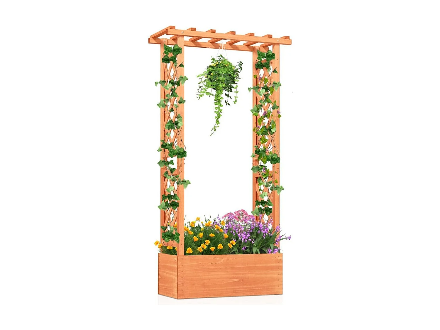Jardinière avec Treillis Toit Suspendu en Bois avec Trou de Drainage Lit de Jardin Surélevé pour Plante Grimpante 66 x 32 x 152 cm Orange