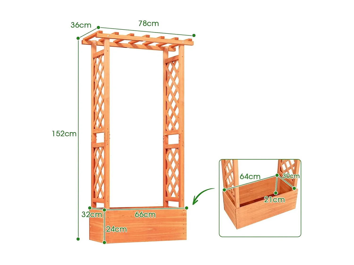 Jardinière avec Treillis Toit Suspendu en Bois avec Trou de Drainage Lit de Jardin Surélevé pour Plante Grimpante 66 x 32 x 152 cm Orange