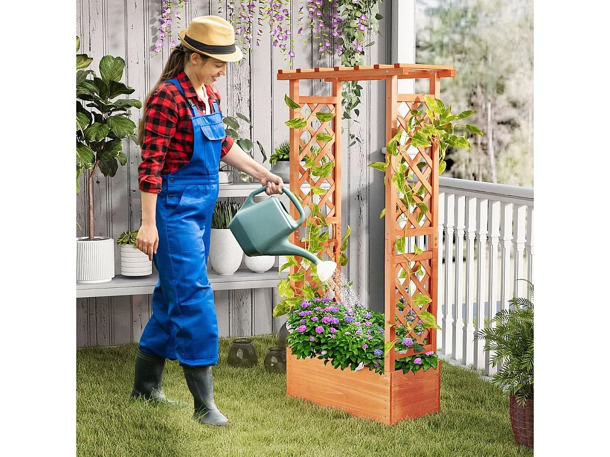 Jardinière avec Treillis Toit Suspendu en Bois avec Trou de Drainage Lit de Jardin Surélevé pour Plante Grimpante 66 x 32 x 152 cm Orange