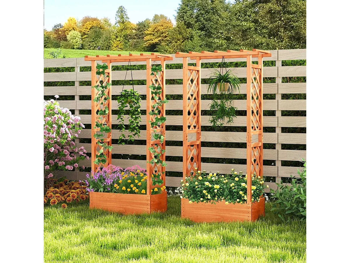 Jardinière avec Treillis Toit Suspendu en Bois avec Trou de Drainage Lit de Jardin Surélevé pour Plante Grimpante 66 x 32 x 152 cm Orange