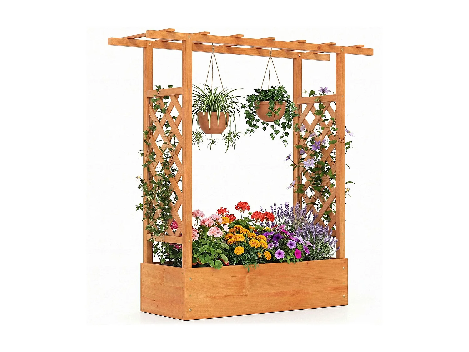 Jardinière avec 2 Treillis Latéraux Toit Suspendu en Bois d'Épicéa avec Trou de Drainage Lit de Jardin Surélevé 110 x 35 x 114 cm Orange