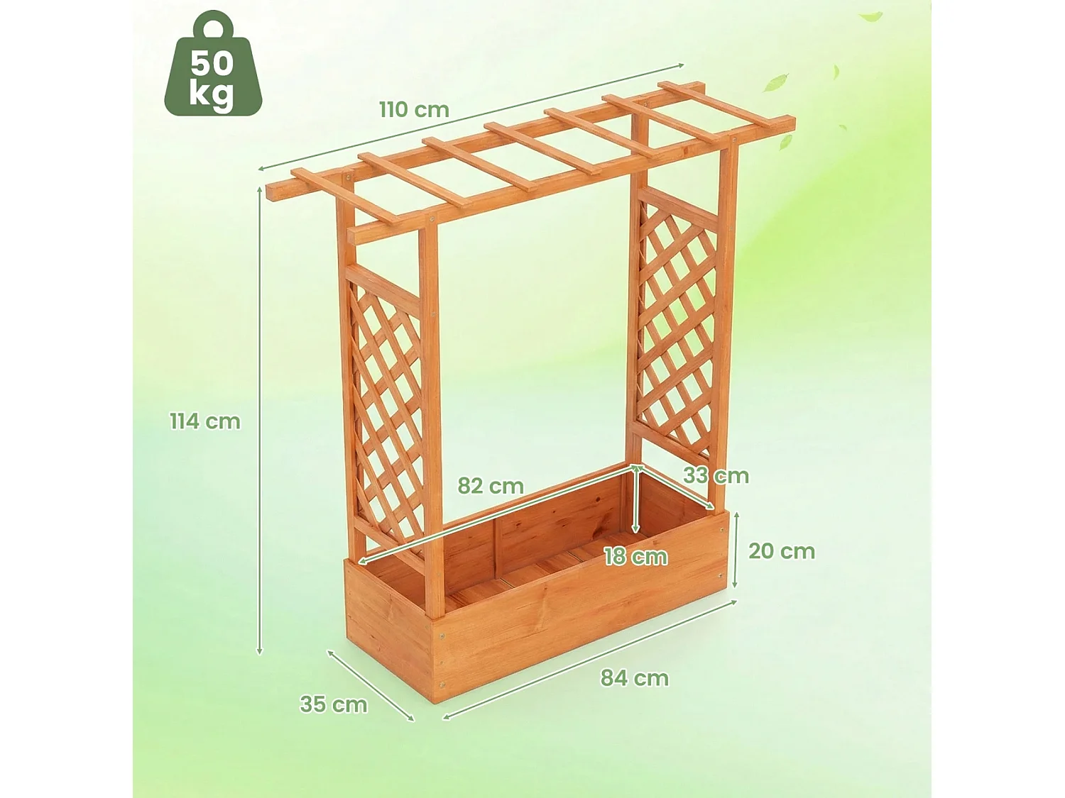Jardinière avec 2 Treillis Latéraux Toit Suspendu en Bois d'Épicéa avec Trou de Drainage Lit de Jardin Surélevé 110 x 35 x 114 cm Orange