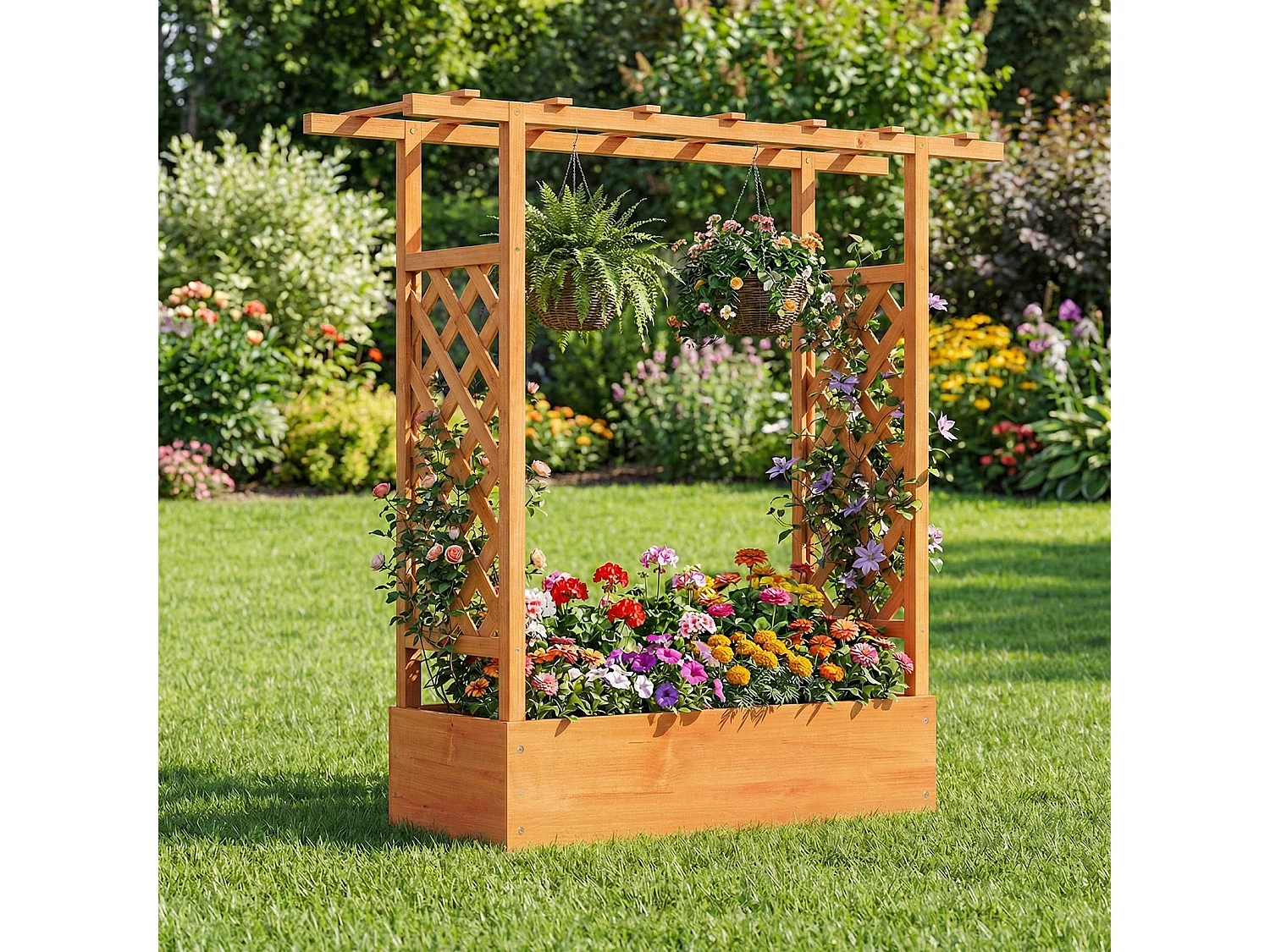 Jardinière avec 2 Treillis Latéraux Toit Suspendu en Bois d'Épicéa avec Trou de Drainage Lit de Jardin Surélevé 110 x 35 x 114 cm Orange
