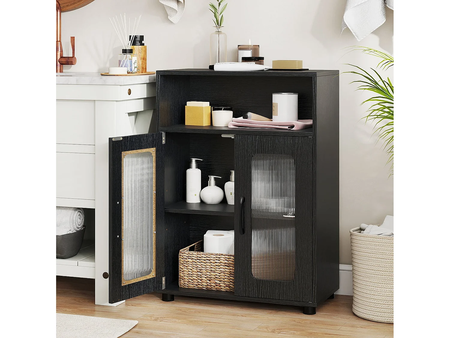 Armoire Indépendante de Salle de Bain à 2 Portes et Étagère Réglable à 3 Niveaux Compartiment Ouvert Conception Anti-basculement Noir
