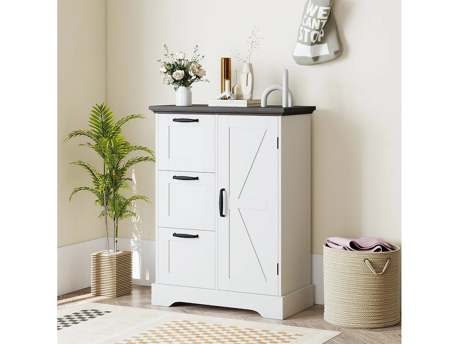 Mobile da pavimento mobile accentato rustico con porta da fienile, Mobile credenza indipendente per cucina Bianco