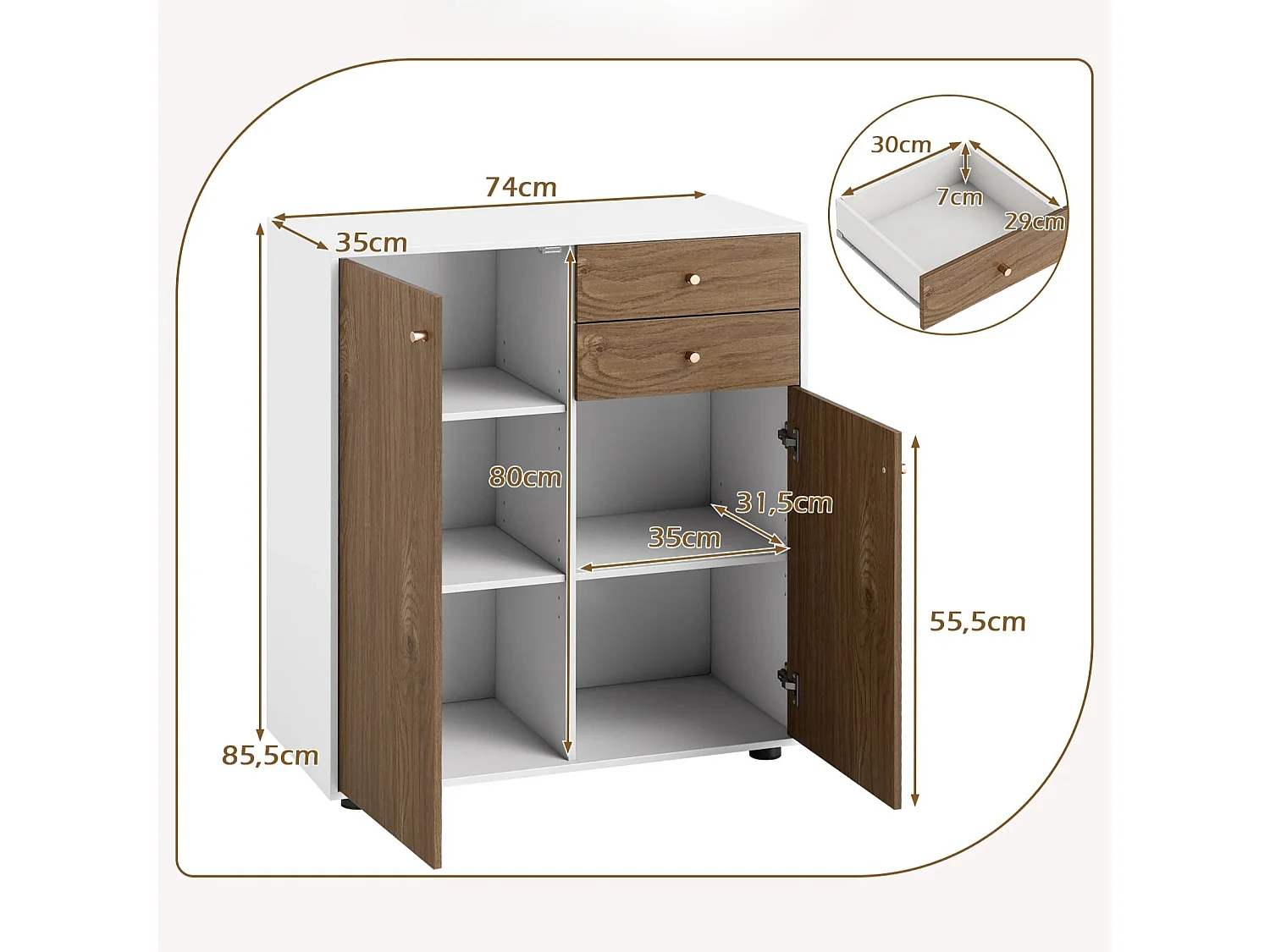Buffet Meuble de Rangement Cuisine à Buffet Meuble Bar avec 2 Tiroirs 2 Portes et 3 Étagères Réglables Organisateur de Rangement Naturel