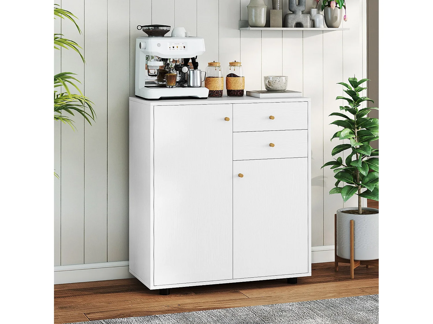 Mobile buffet con 2 cassetti, 2 ante e 3 ripiani regolabili Credenza Mobile contenitore Bianco