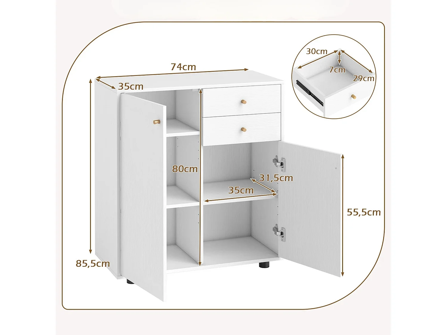 Mobile buffet con 2 cassetti, 2 ante e 3 ripiani regolabili Credenza Mobile contenitore Bianco