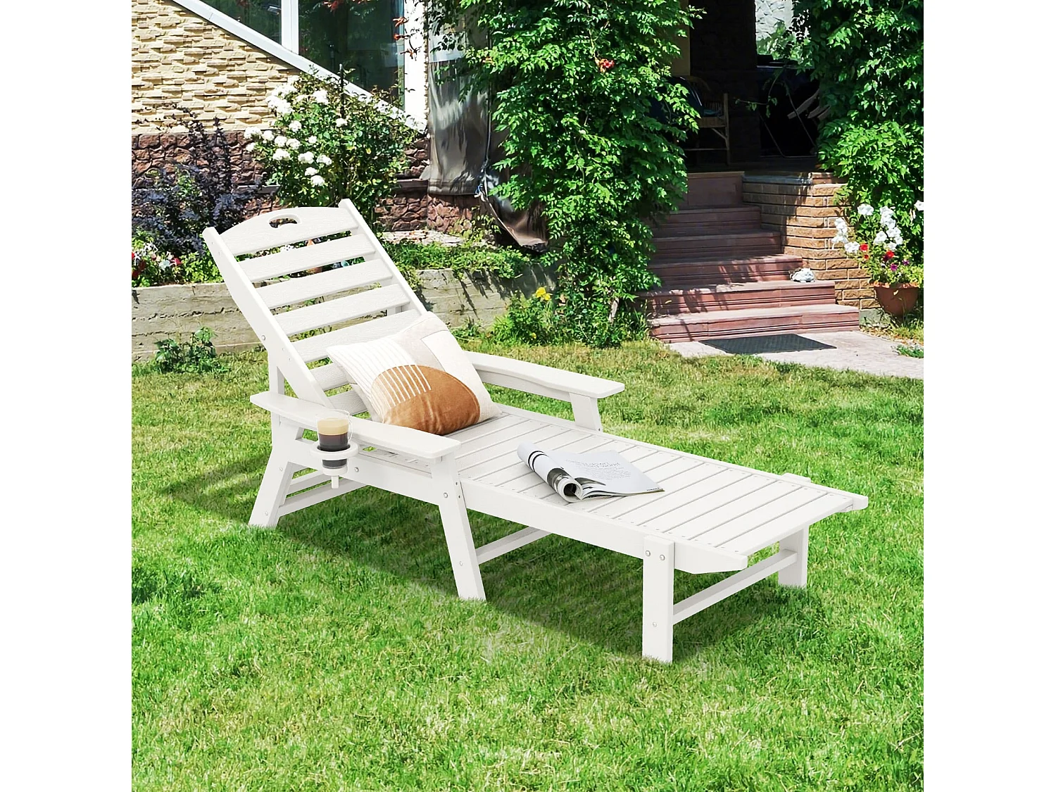 Chaise longue HDPE Outdoor avec dossier réglable en 4 positions & porte-boisson pivotant Blanc