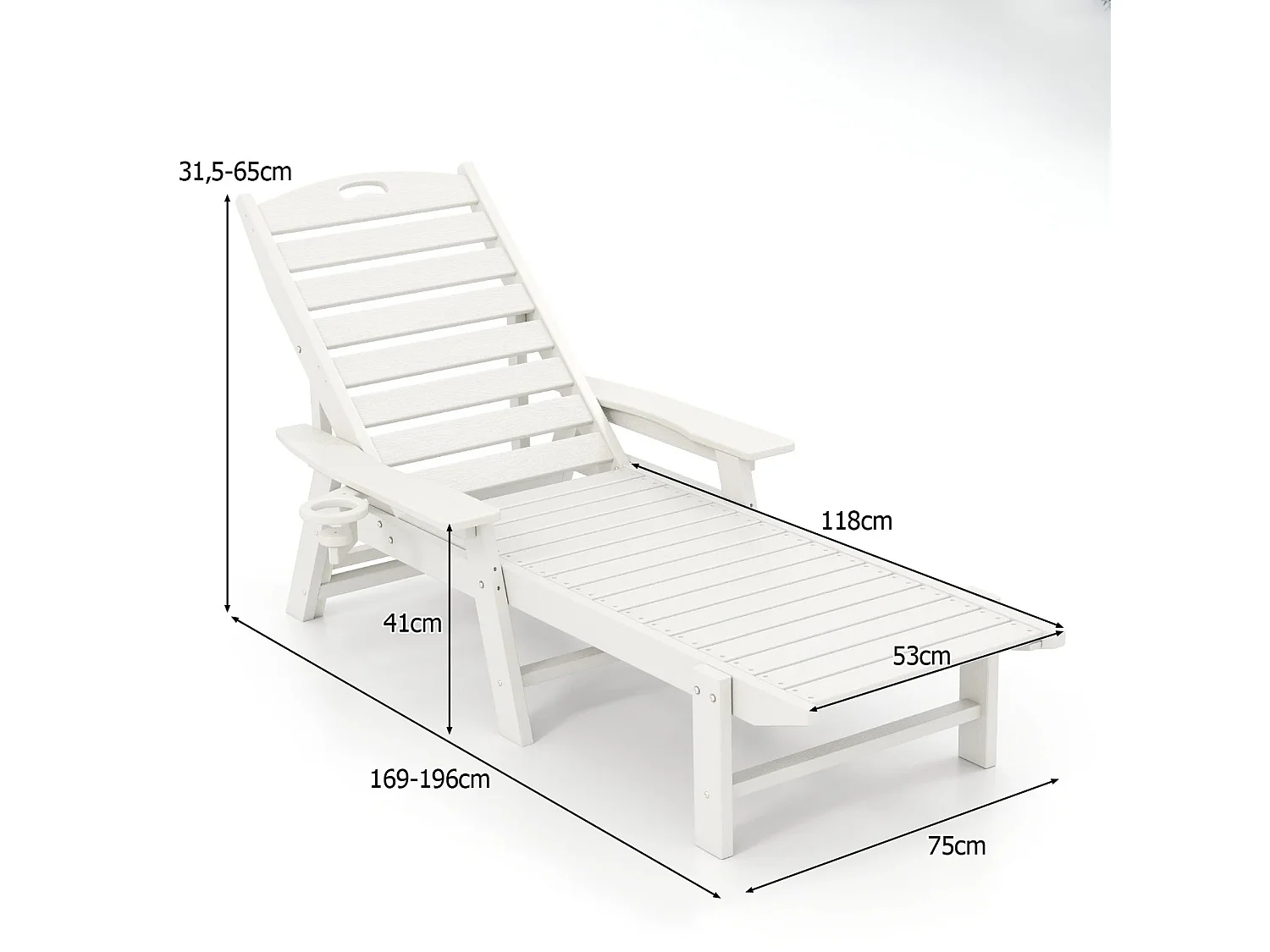 Chaise longue HDPE Outdoor avec dossier réglable en 4 positions & porte-boisson pivotant Blanc
