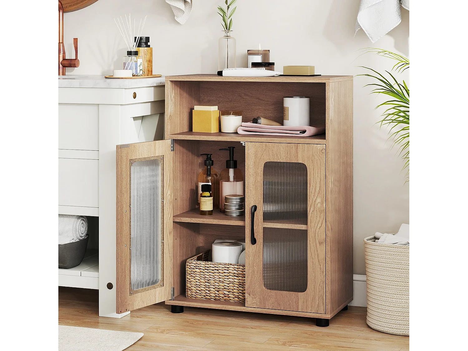 Armoire Indépendante de Salle de Bain à 2 Portes et Étagère Réglable à 3 Niveaux Compartiment Ouvert Conception Anti-basculement Naturel