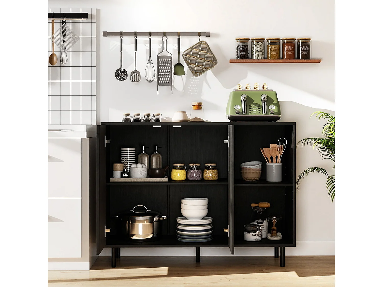 Buffet de Cuisine Buffet en Bois Moderne avec 2 Portes Étagères Réglables Pieds Métalliques et 2 Compartiments Ouverts 106x38x80 CM Noir