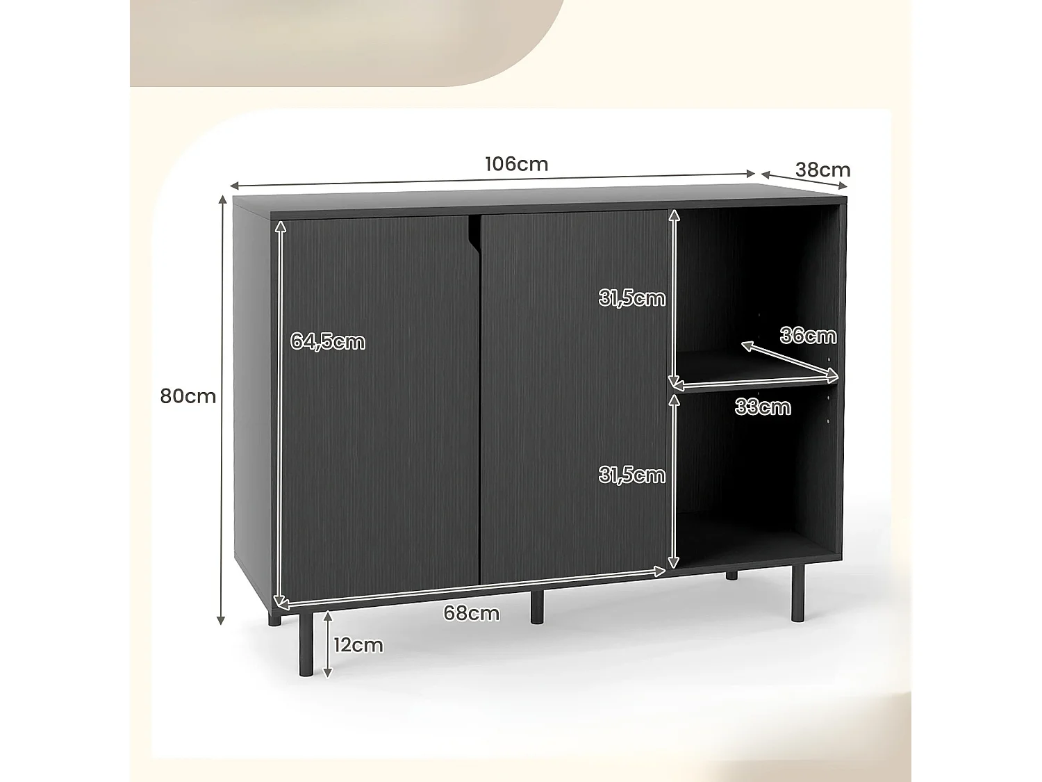 Buffet de Cuisine Buffet en Bois Moderne avec 2 Portes Étagères Réglables Pieds Métalliques et 2 Compartiments Ouverts 106x38x80 CM Noir