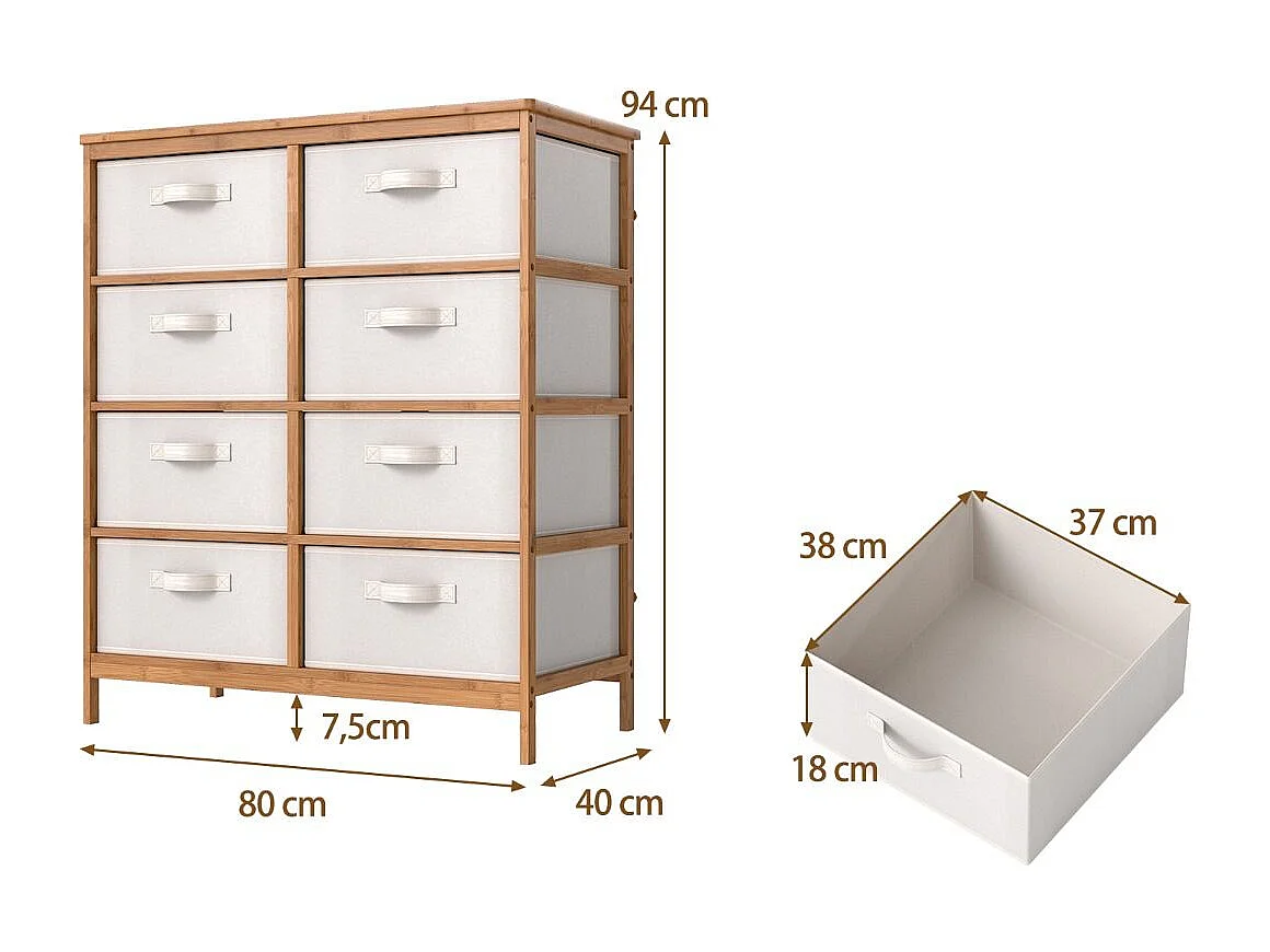 Cassettiera con 8 cassetti per camera da letto torre di stoccaggio in tessuto di bambù, Cassettiera mobile con cassetti