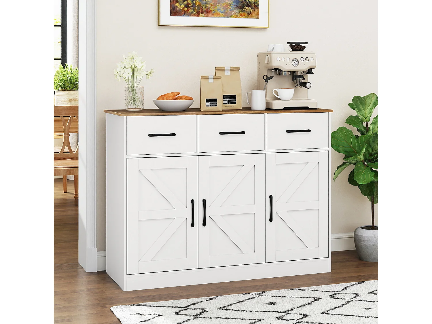 Buffet avec Tiroirs Armoire de Rangement Large de 108cm avec Étagères Réglables&Portes Station de Bar à Café de Style Ferme Blanc
