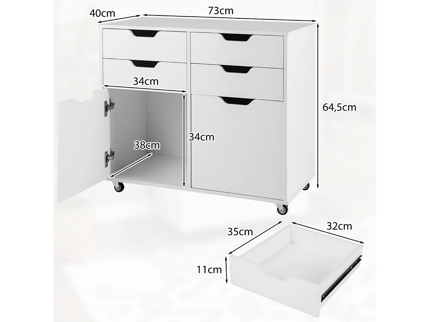 Mobiletto di stoccaggio in legno con 5 ruote universali, Supporto per stampante con 4 cassetti per ufficio Bianco