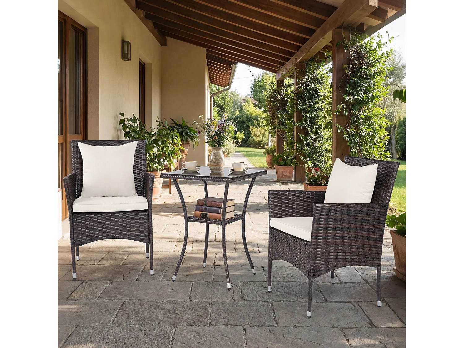 Set di 3 pezzi di mobili da giardino 2 sedie in rattan tavolo in vetro cuscini all'aperto per giardino veranda piscina Mix Grigio