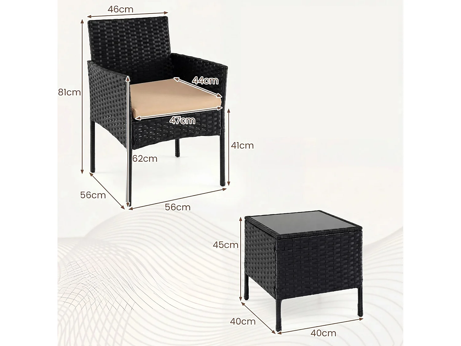 Set di mobili da giardino 3 pezzi in rattan per balcone con 2 sedie e tavolo da giardino giallo