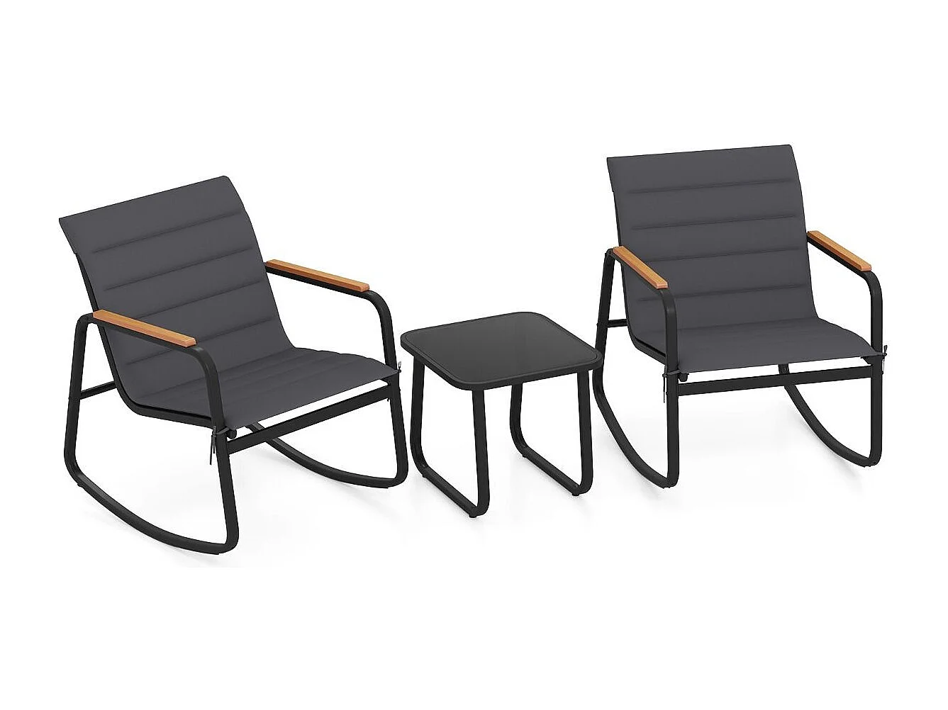 Set di mobili da balcone Set di mobili da giardino 2 sedie a dondolo con tavolo e cuscini Braccioli in WPC grigio