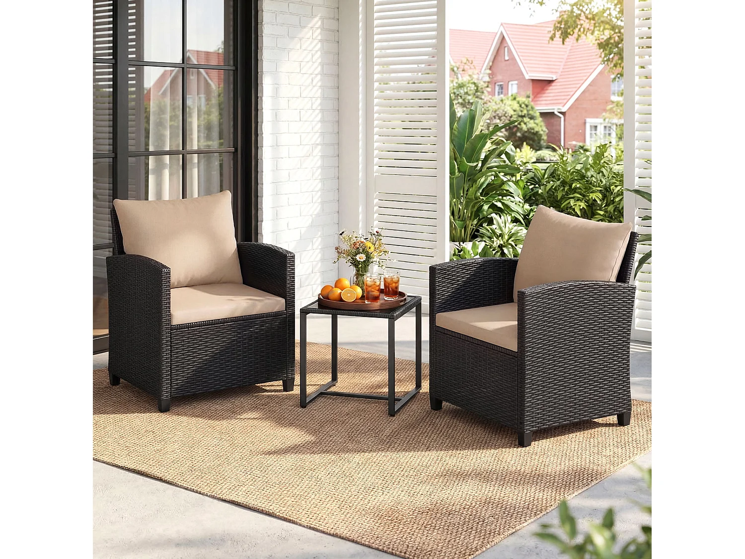 Set di mobili da giardino in rattan con 2 sedie con cuscini e tavolo in vetro Gruppo di seduta per esterni nero-khaki