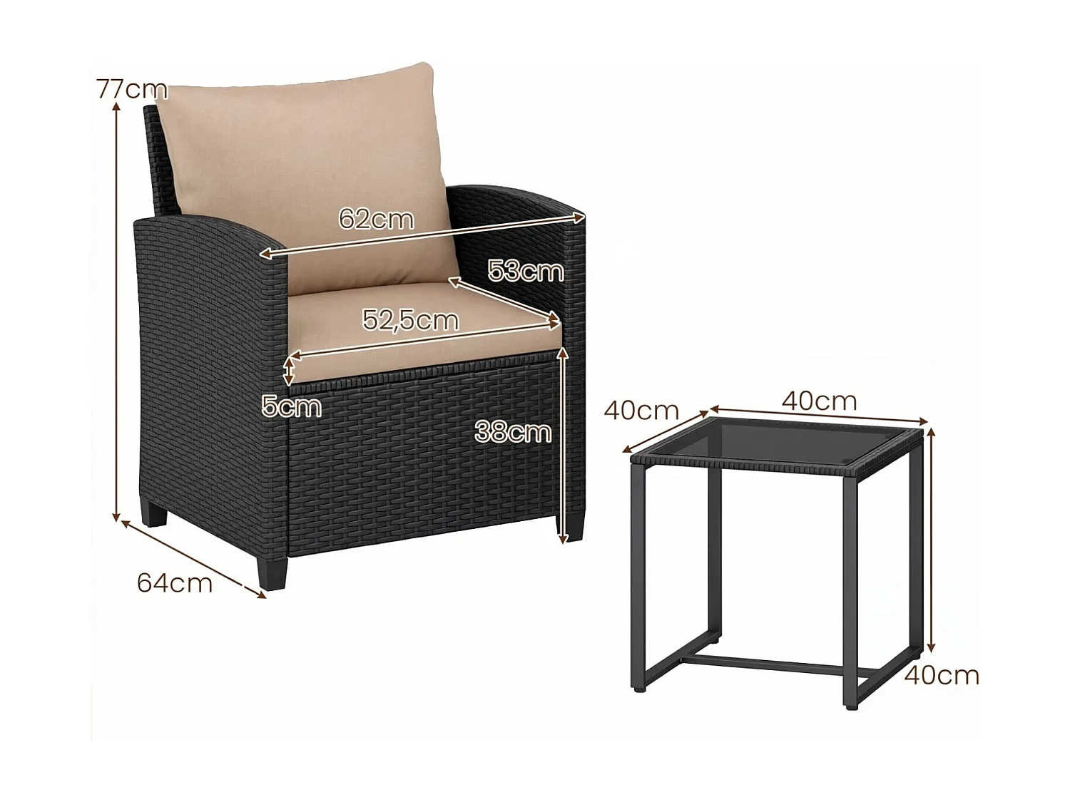 Set di mobili da giardino in rattan con 2 sedie con cuscini e tavolo in vetro Gruppo di seduta per esterni nero-khaki