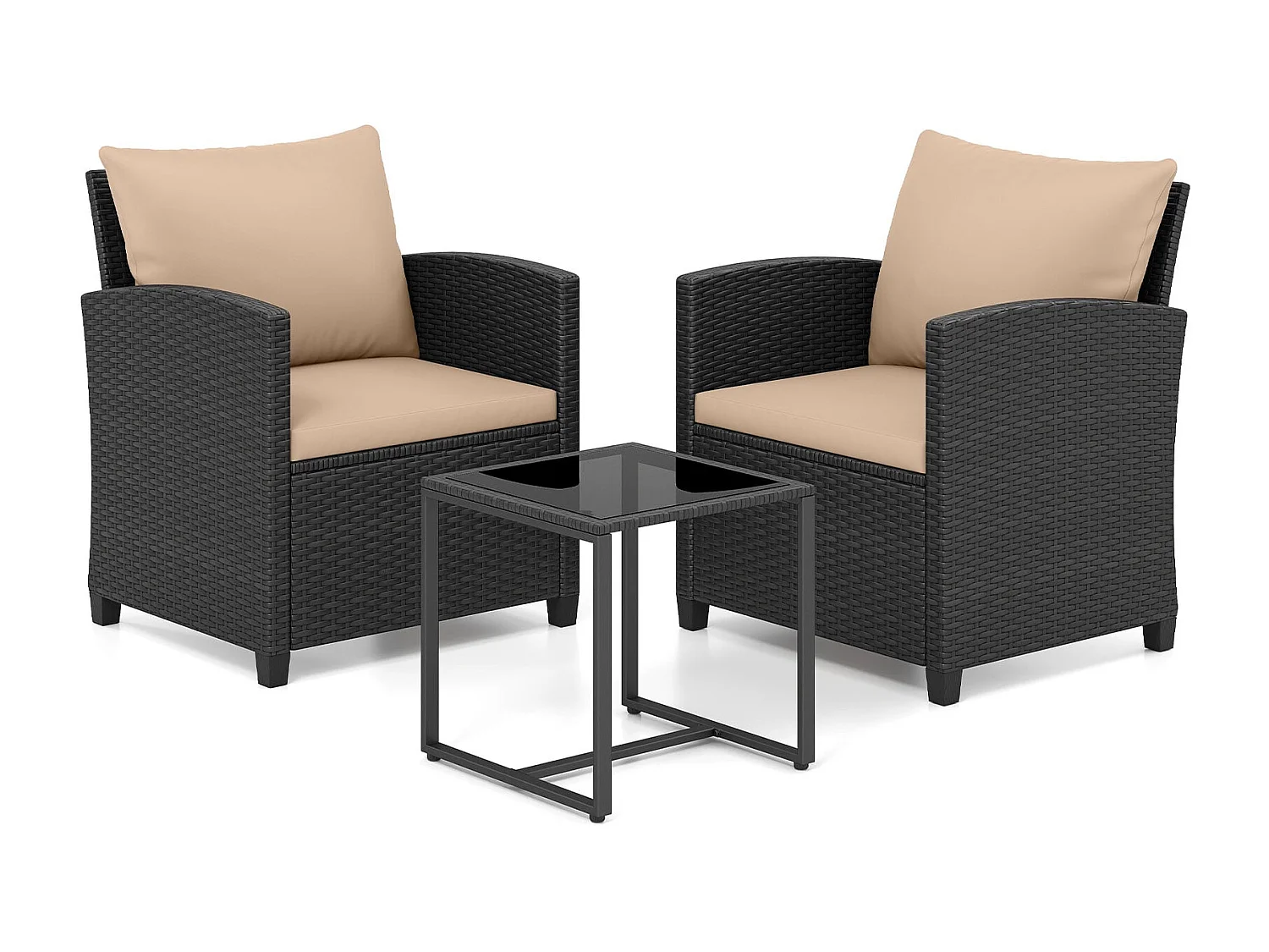 Set di mobili da giardino in rattan con 2 sedie con cuscini e tavolo in vetro Gruppo di seduta per esterni nero-khaki