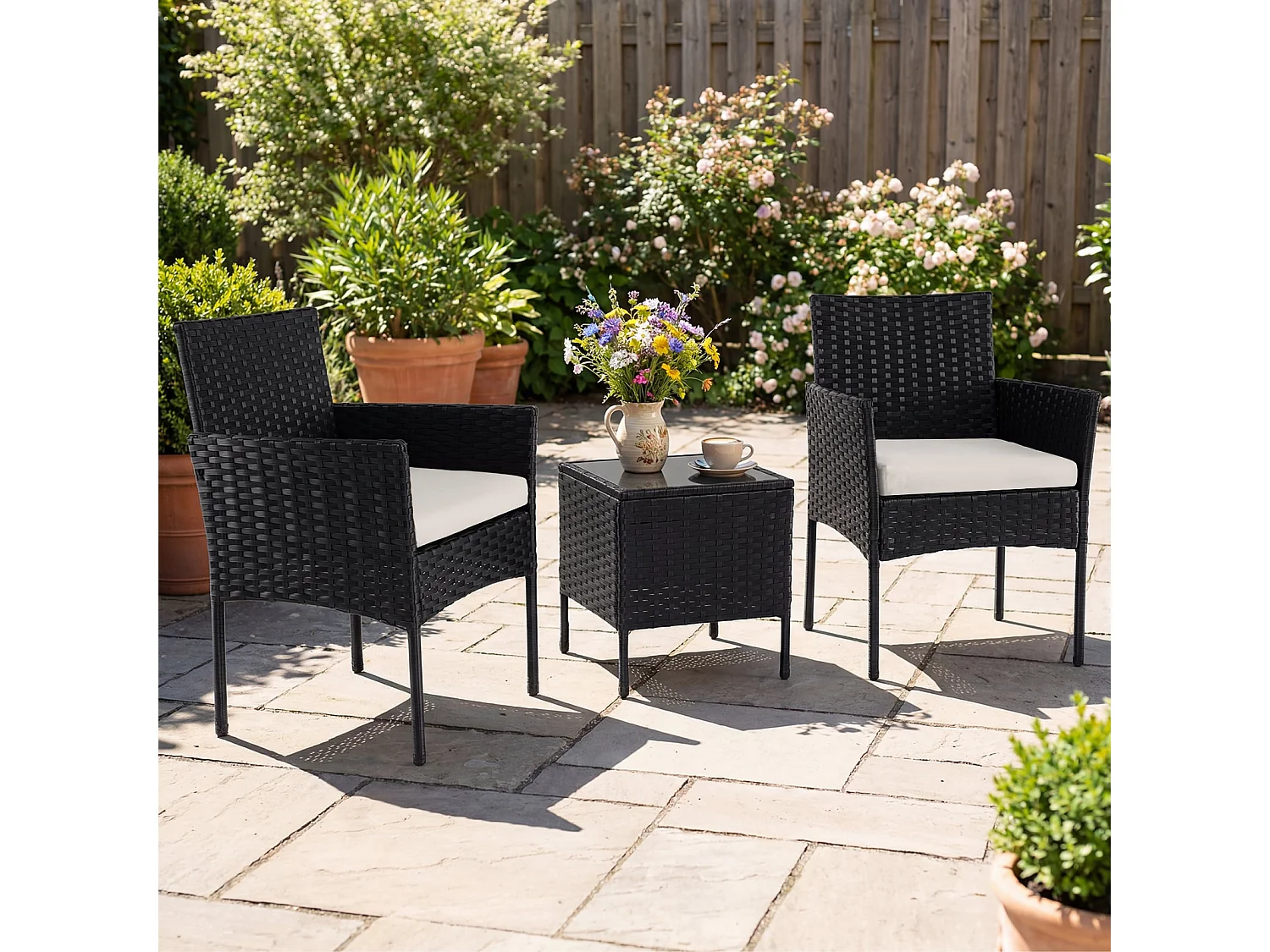 Set di mobili da giardino 3 pezzi in rattan per balcone con 2 sedie e tavolo da giardino Beige