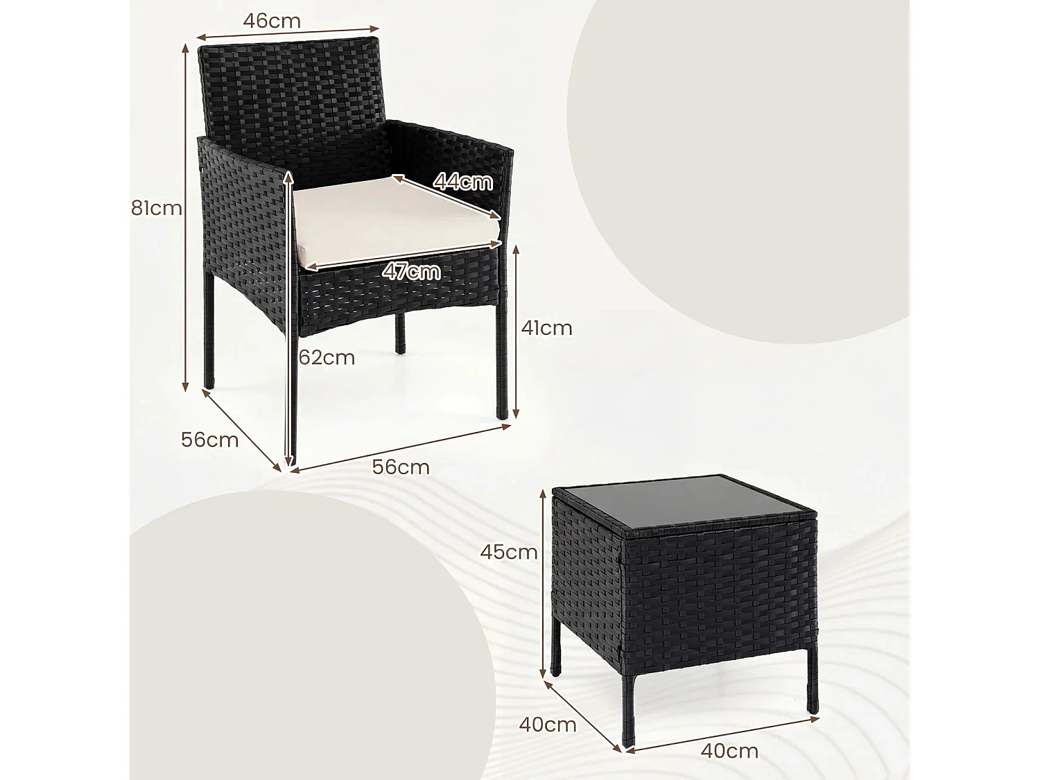 Set di mobili da giardino 3 pezzi in rattan per balcone con 2 sedie e tavolo da giardino Beige