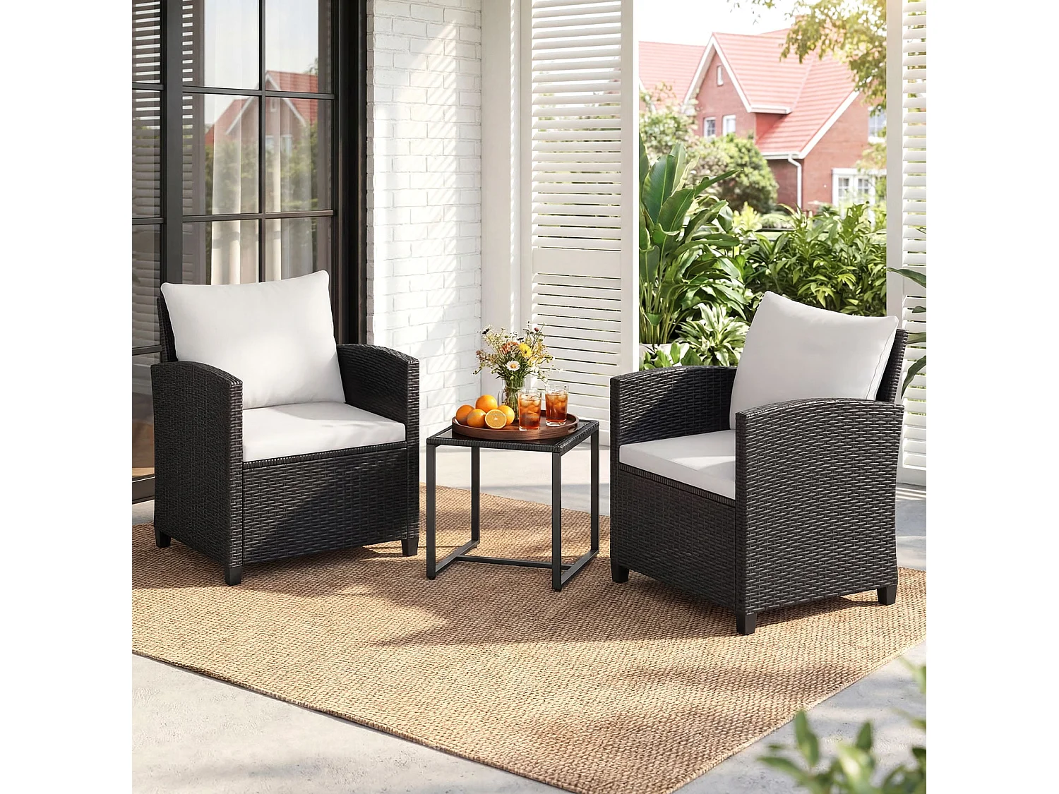 Set di mobili da giardino in rattan con 2 sedie con cuscini e tavolo in vetro Gruppo di seduta per esterni nero-beige