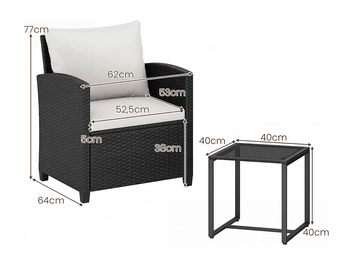 Set di mobili da giardino in rattan con 2 sedie con cuscini e tavolo in vetro Gruppo di seduta per esterni nero-beige