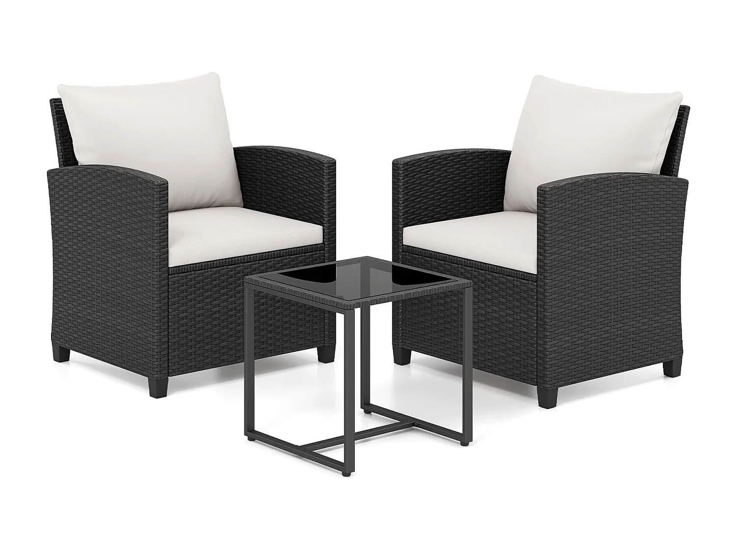 Set di mobili da giardino in rattan con 2 sedie con cuscini e tavolo in vetro Gruppo di seduta per esterni nero-beige