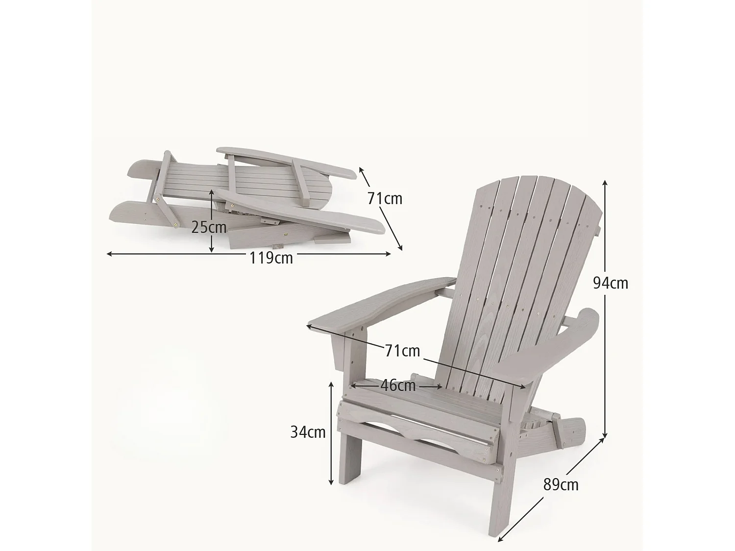 Chaise Adirondack Pliante Chaise Longue Pliante en Bois Dossier Haut Accoudoirs Larges Capacité 180 KG Chaise Longue Adirondack Gris