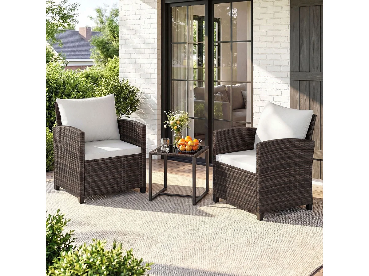 Set da balcone in rattan incl. 2 sedie con cuscini e tavolo in vetro Gruppo di seduta da esterno per balcone marrone-beige