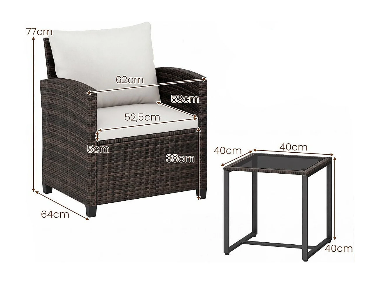 Set da balcone in rattan incl. 2 sedie con cuscini e tavolo in vetro Gruppo di seduta da esterno per balcone marrone-beige