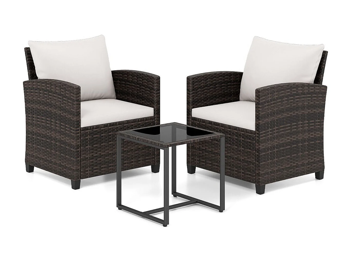 Set da balcone in rattan incl. 2 sedie con cuscini e tavolo in vetro Gruppo di seduta da esterno per balcone marrone-beige