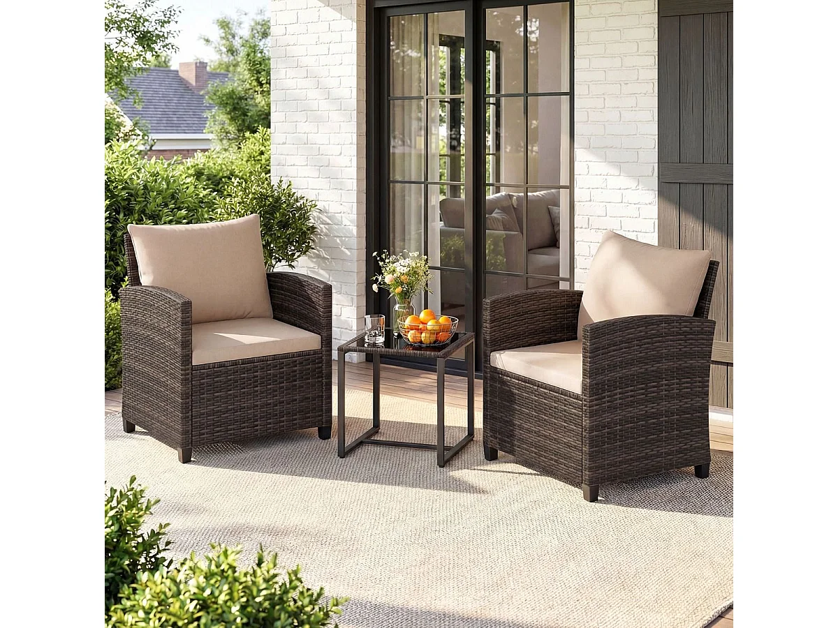 Set da balcone in rattan incl. 2 sedie con cuscini e tavolo in vetro Gruppo di seduta da esterno per balcone marrone-khaki