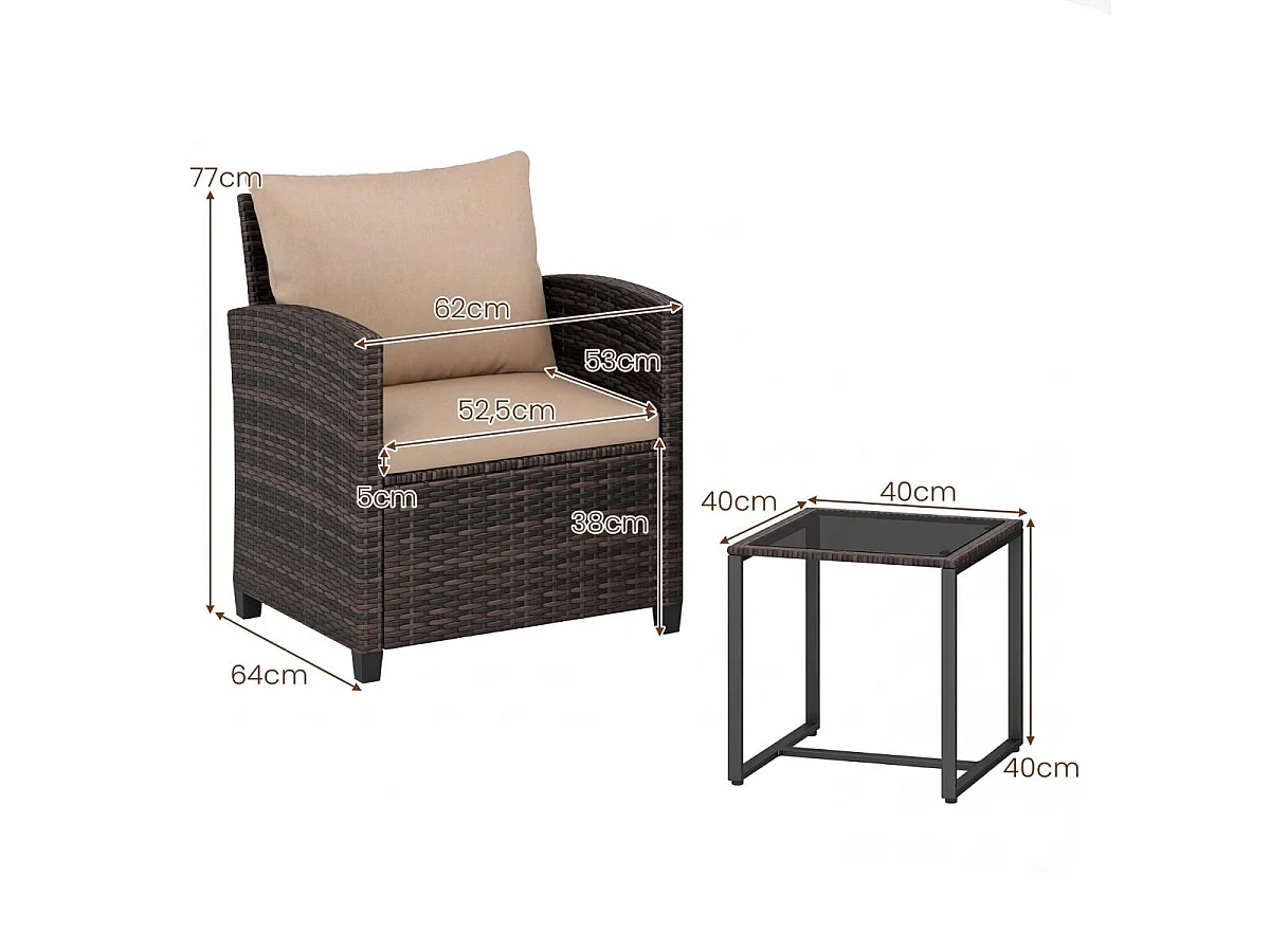 Set da balcone in rattan incl. 2 sedie con cuscini e tavolo in vetro Gruppo di seduta da esterno per balcone marrone-khaki