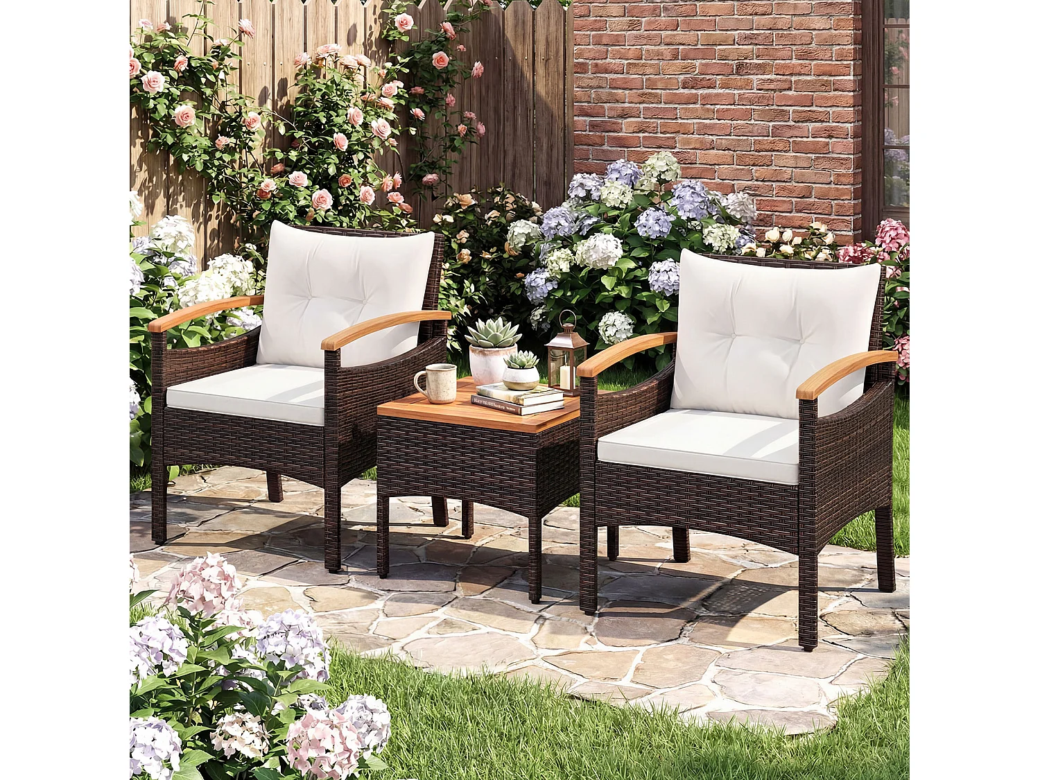 Set da giardino in rattan 3 pezzi Acacia Cuscini da tavolo per giardino veranda piscina Bianco