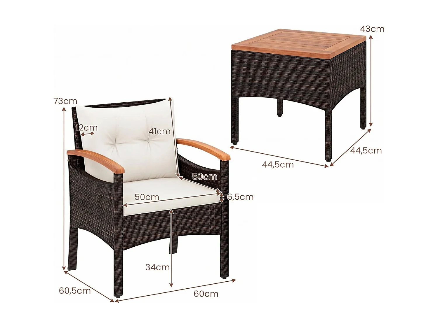 Set da giardino in rattan 3 pezzi Acacia Cuscini da tavolo per giardino veranda piscina Bianco