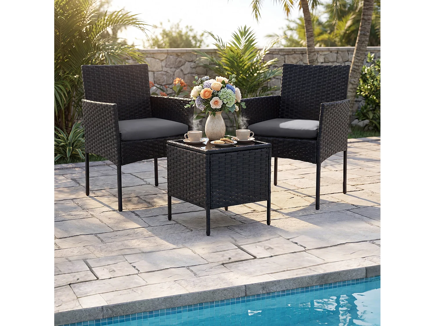 Set di mobili da giardino 3 pezzi in rattan per balcone con 2 sedie e tavolo da giardino grigio