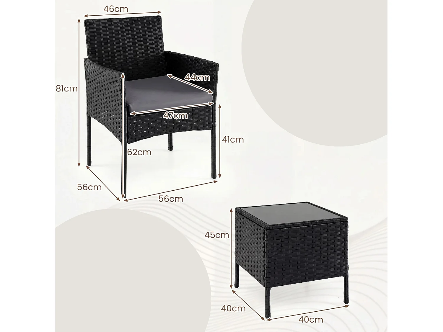 Set di mobili da giardino 3 pezzi in rattan per balcone con 2 sedie e tavolo da giardino grigio
