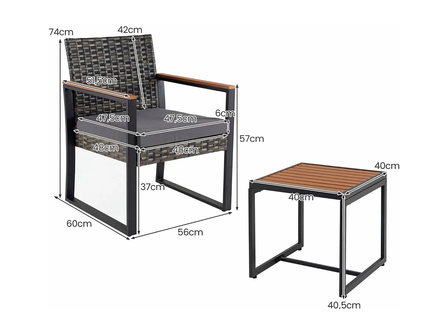 Set di mobili da balcone con 2 sedie e tavolino e morbidi cuscini Set da salotto grigio