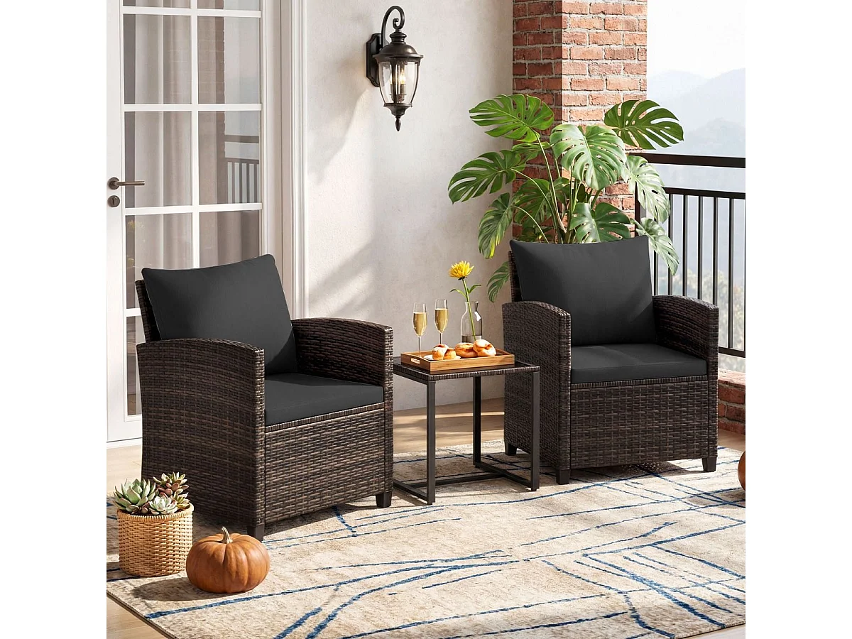 Set da balcone in rattan incl. 2 sedie con cuscini e tavolo in vetro Gruppo di seduta per esterni Mobili da balcone marrone-nero