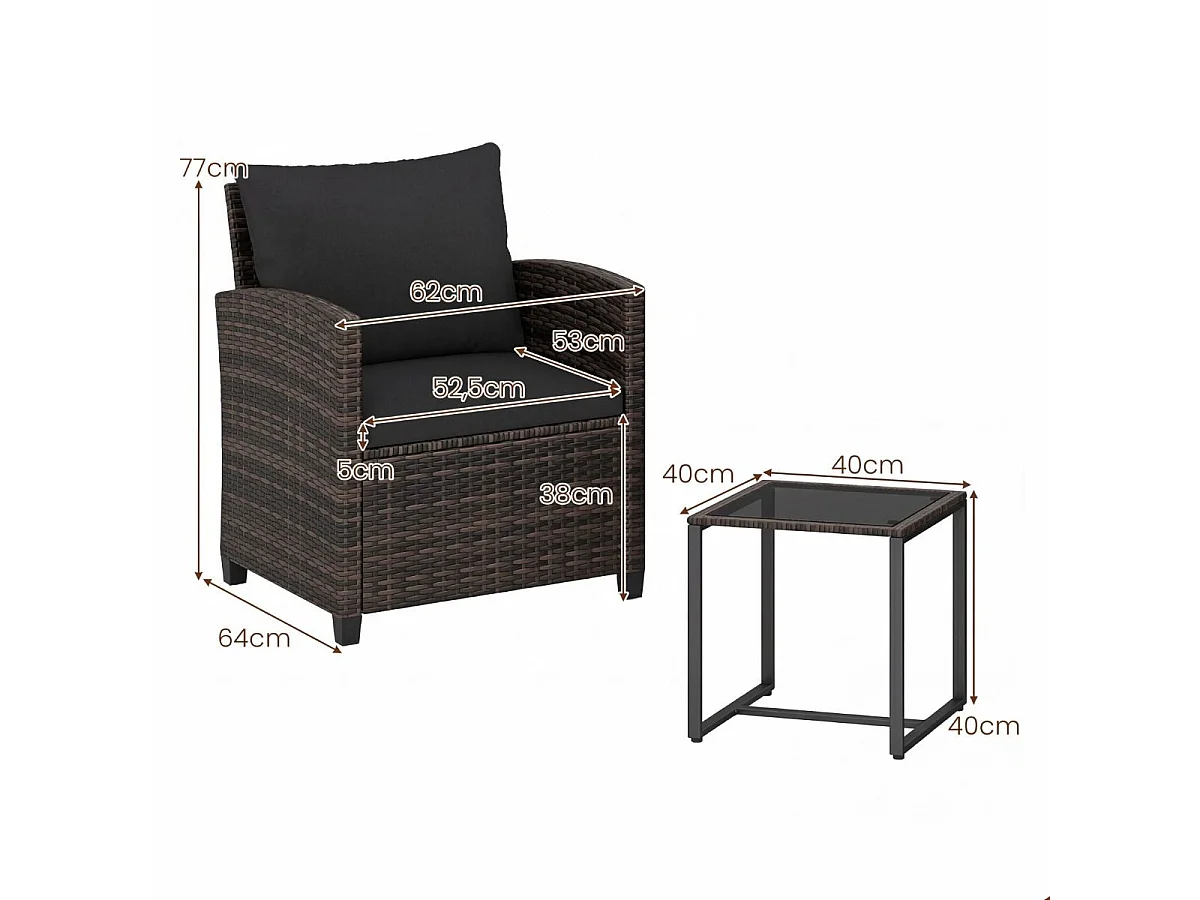 Set da balcone in rattan incl. 2 sedie con cuscini e tavolo in vetro Gruppo di seduta per esterni Mobili da balcone marrone-nero