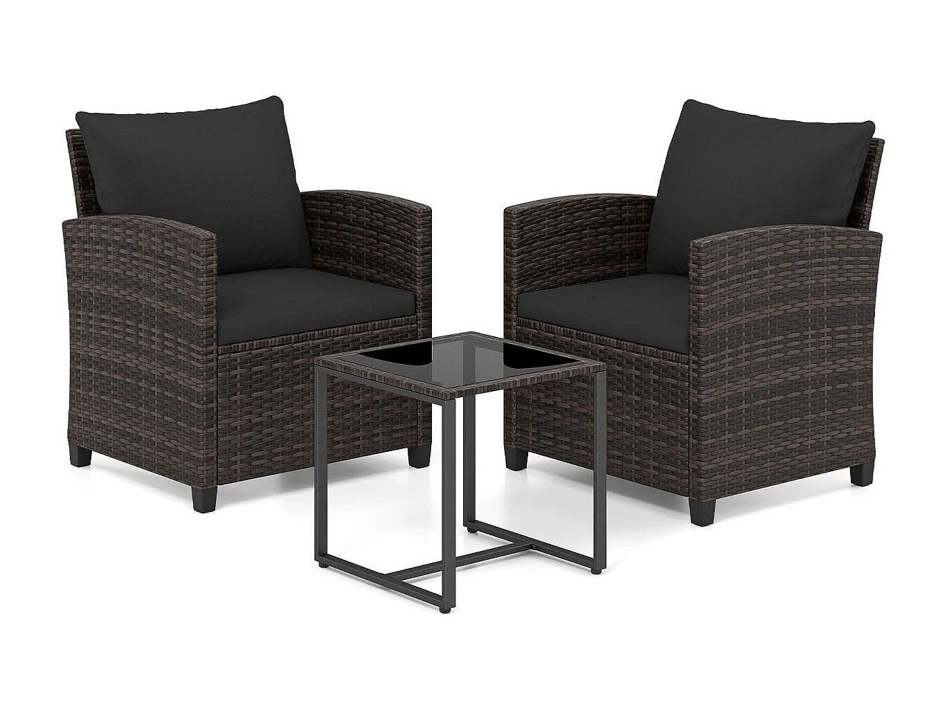 Set da balcone in rattan incl. 2 sedie con cuscini e tavolo in vetro Gruppo di seduta per esterni Mobili da balcone marrone-nero